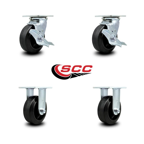 5 Inch Rubber On Steel Caster Set With Ball Bearings 2 Brakes 2 Rigid SCC